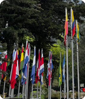 Centro de Lenguas CLUA 2 Banderas internacionales en el Centro de Idiomas CLUA de la Universidad de América en Bogotá