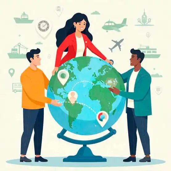 Internacionalización del Currículo 20 Ilustración de estudiantes conectando diferentes países alrededor del mundo.