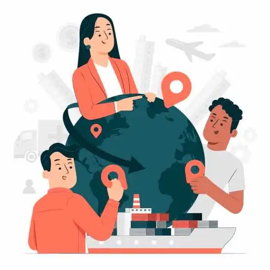 Internacionalización del Currículo 1 Ilustración de personas conectando ubicaciones en un mapa global para representar la internacionalización del currículo.