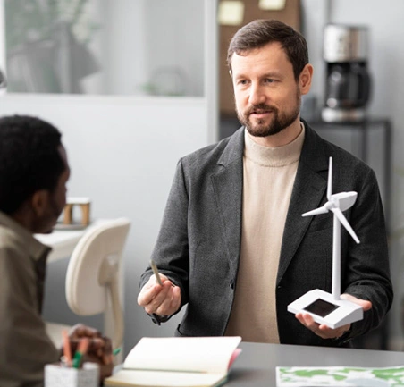 Profesor explica modelo de energía renovable en entorno educativo virtual.