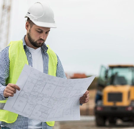 Profesional de ingeniería de yacimientos revisando planos en campo petrolero